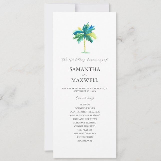 Tropical Wedding Programs Watercolor Palm Tree Invitation (Front)