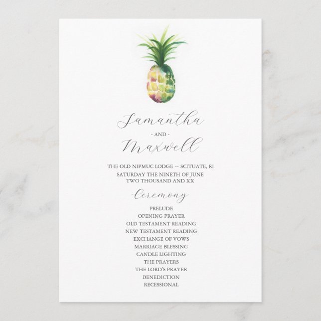 Tropical Wedding Programs Watercolor Pineapple Invitation (Front)