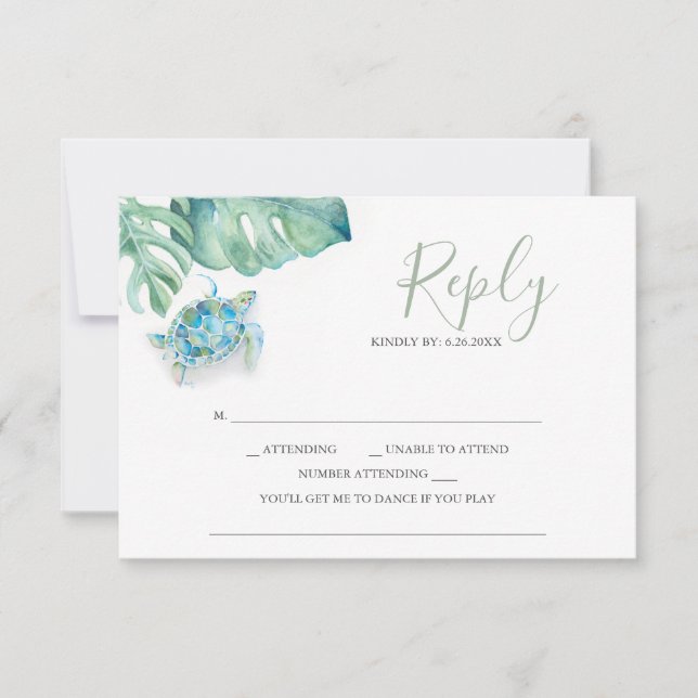 Tropical Wedding RSVP Cards Sea Turtle Palm Leaves (Front)