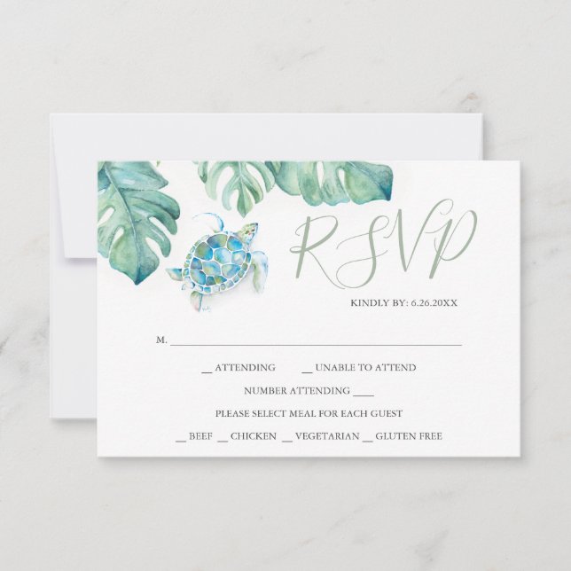 Tropical Wedding RSVP Cards Watercolor Sea Turtle (Front)