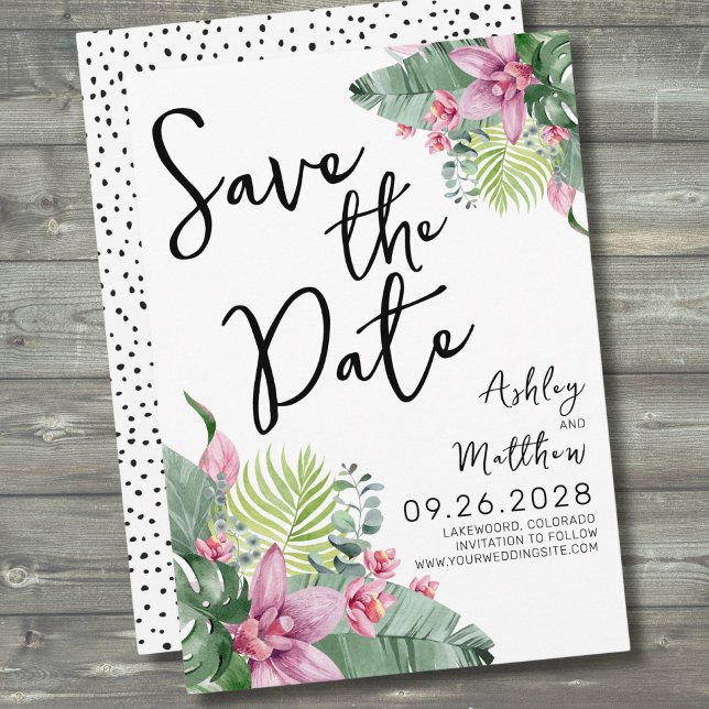 Tropical Wedding Save The Date (Pink Green Palm Watercolor Tropical Floral Wedding Save The Date)