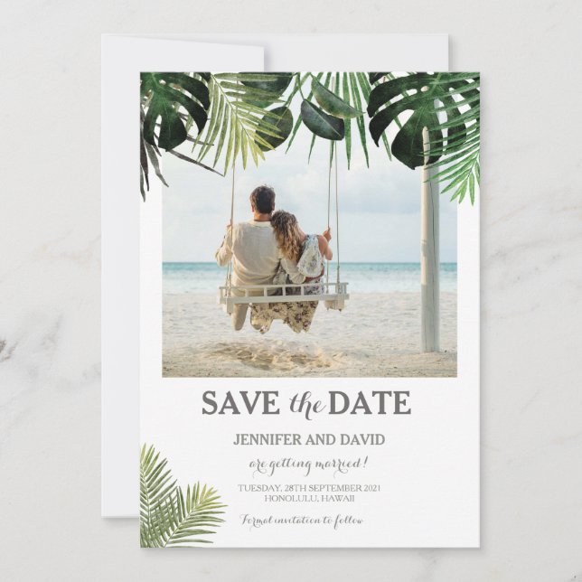 Tropical Wedding Save the Date Photo Fern Monstera (Front)