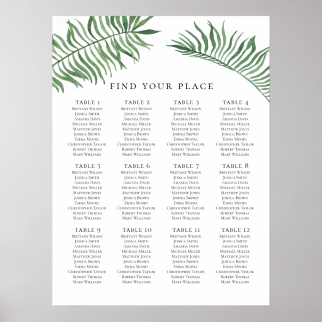 Tropical wedding seating chart print. Exotic green (Front)
