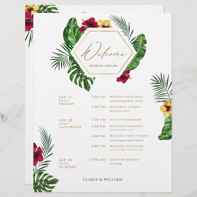 Tropical Wedding Timeline Itinerary Card (Front/Back)
