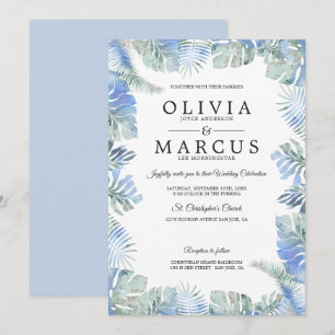 Tropical Wedding Watercolor Leaves Blue Green Invitation