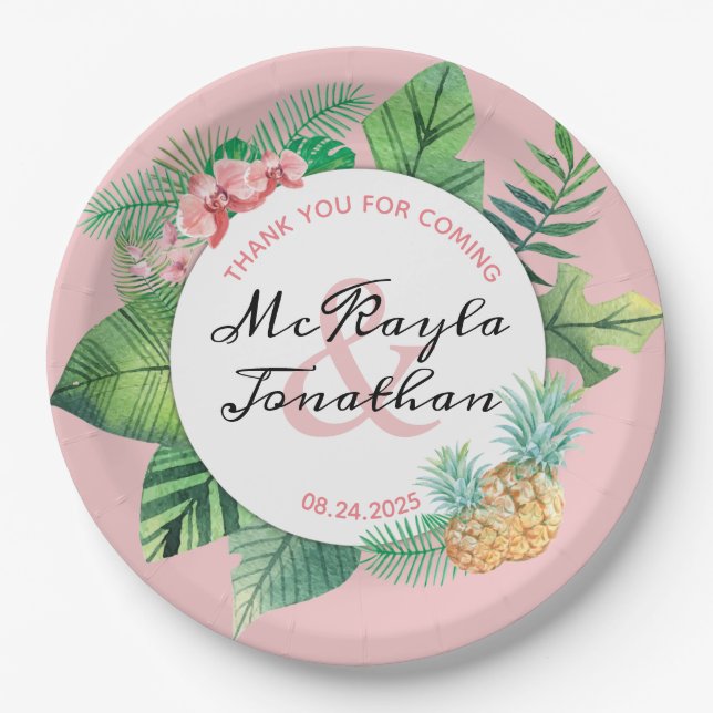 Tropical Wedding Watercolor Pineapple Orchid Leaf Paper Plate (Front)