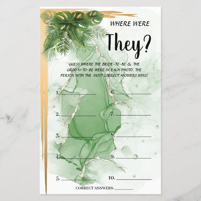 Tropical Where were They Bridal Shower Game Card (Front)