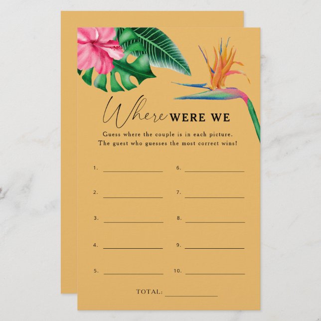 Tropical - Where were we bridal shower game (Front/Back)