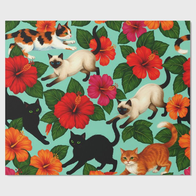 Tropical Whiskers – Cats Among Hibiscus Blooms Wrapping Paper (Flat)