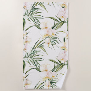 Tropical White Blush Orchid Flowers Beach Towel