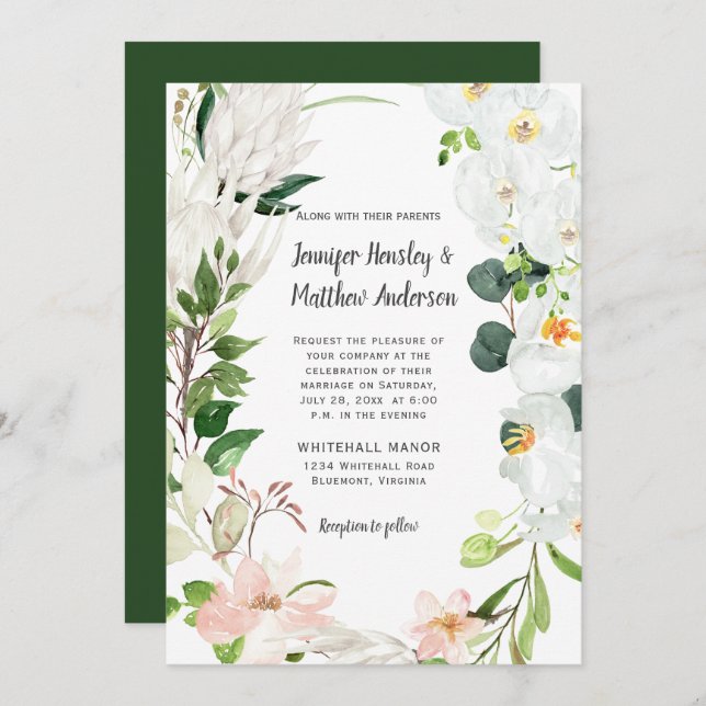 Tropical White Blush Orchids Magnolias Wedding Invitation (Front/Back)