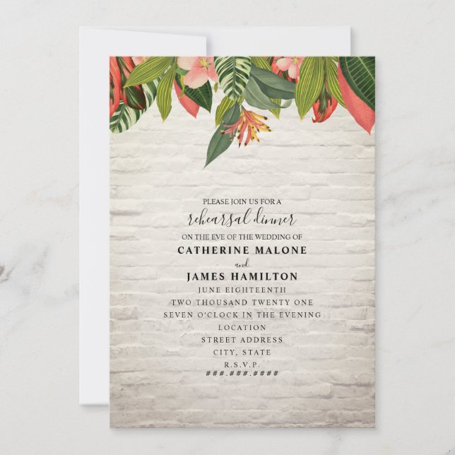 Tropical White Brick Wedding Rehearsal Dinner Invitation (Front)