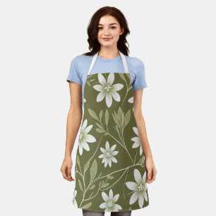 Tropical White Daisies on Olive Green Elegant Apron