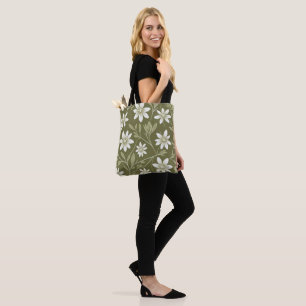 Tropical White Daisies on Olive Green Elegant Tote Bag