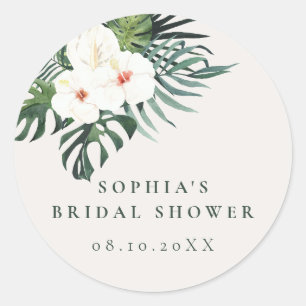 Tropical White Floral Greenery Classic Round Sticker