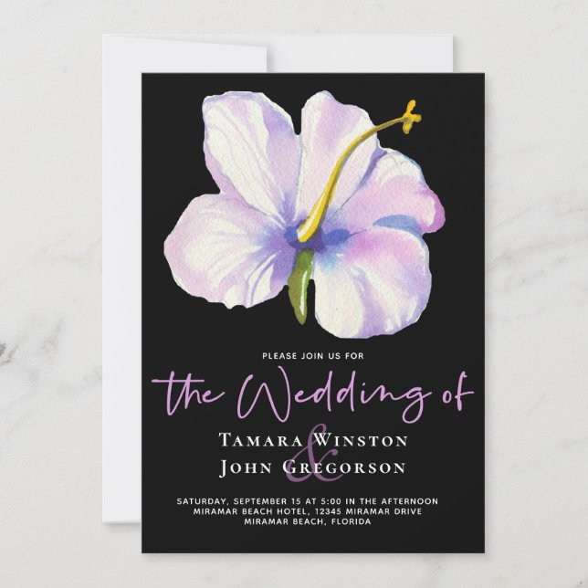 Tropical White Floral Purple Black Beach Wedding Invitation (Front)