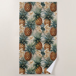 Tropical White Flowers Pineapples Beach Towel