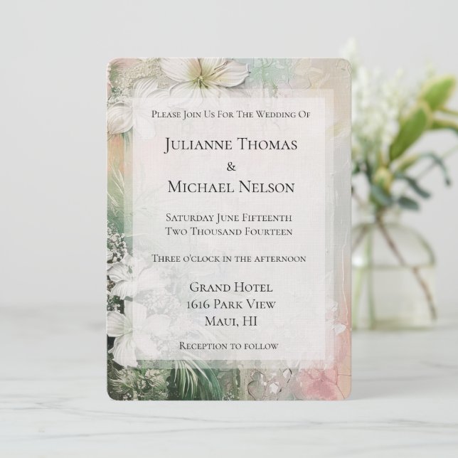 Tropical White Flowers Wedding Invitation (Standing Front)