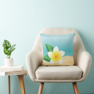 Tropical White Frangipani Flower Beach Theme Cushion