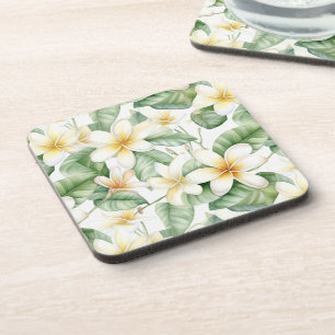 Tropical White Frangipani Flower Patterned Coaster