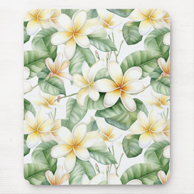 Tropical White Frangipani Flower Patterned Desk Mouse Mat (Front)