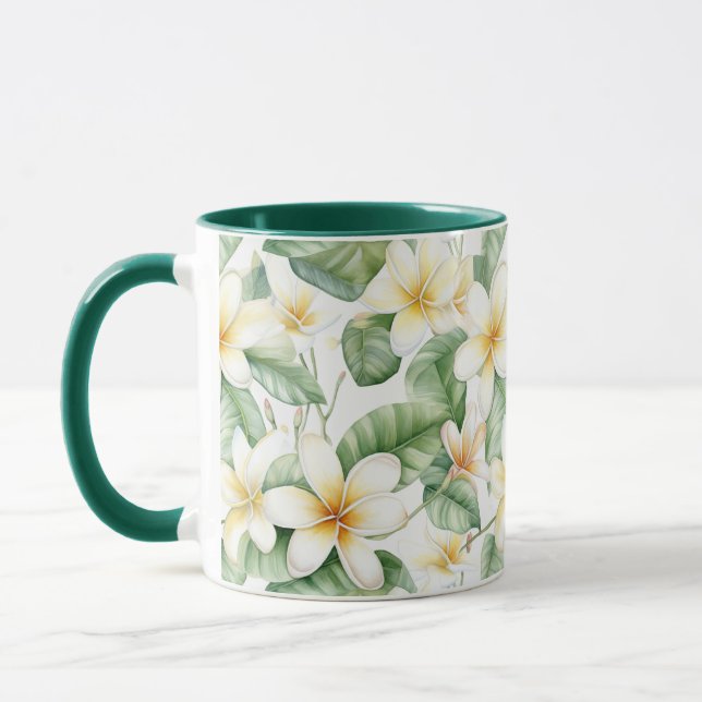 Tropical White Frangipani Flower Patterned Mug (Left)