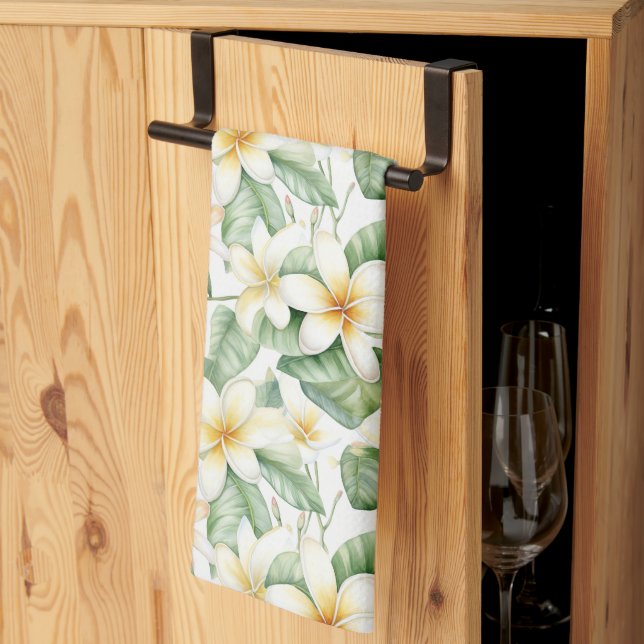 Tropical White Frangipani Flower Patterned Tea Towel (Thirds Fold)