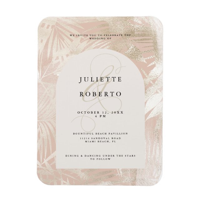 Tropical White/Gold Palm Leaf Summer Wedding Photo Magnet (Vertical)