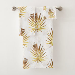 Tropical White Gold Palm Leaves Greenery Bath Towel Set