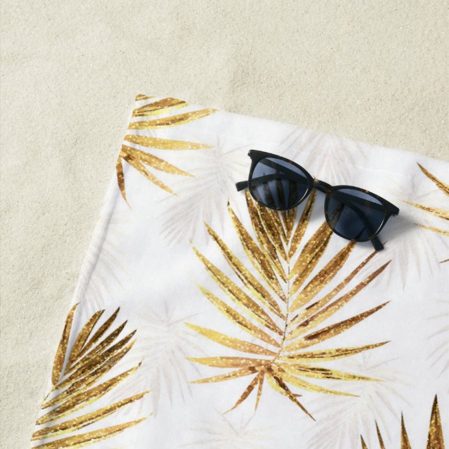 Tropical White Gold Palm Leaves Greenery Beach Towel (In Situ)