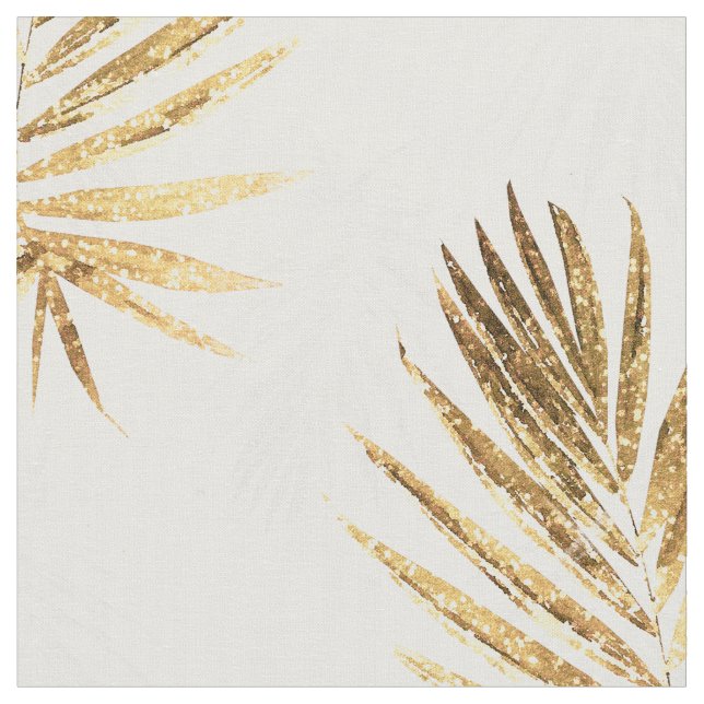 Tropical White Gold Palm Leaves Greenery Fabric (Close Up)