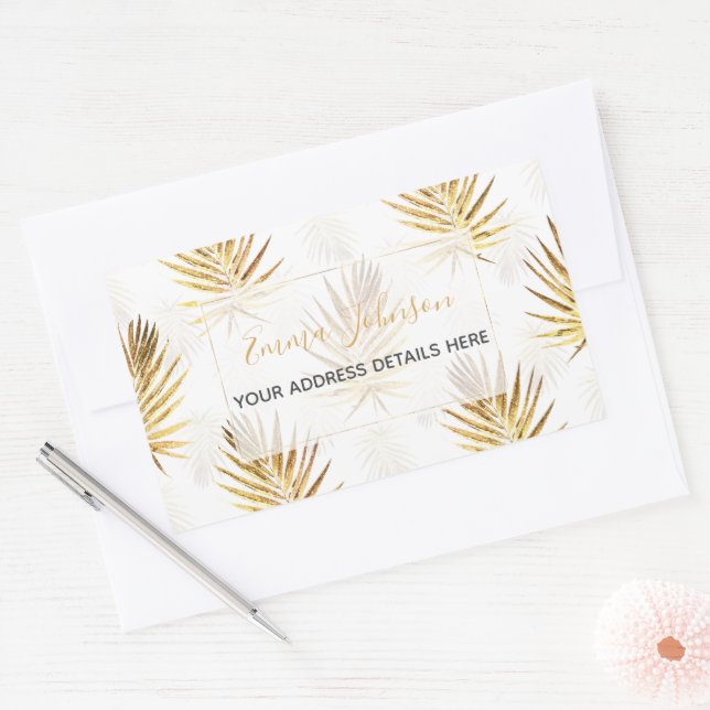 Tropical White Gold Palm Leaves Greenery Rectangular Sticker (Envelope)