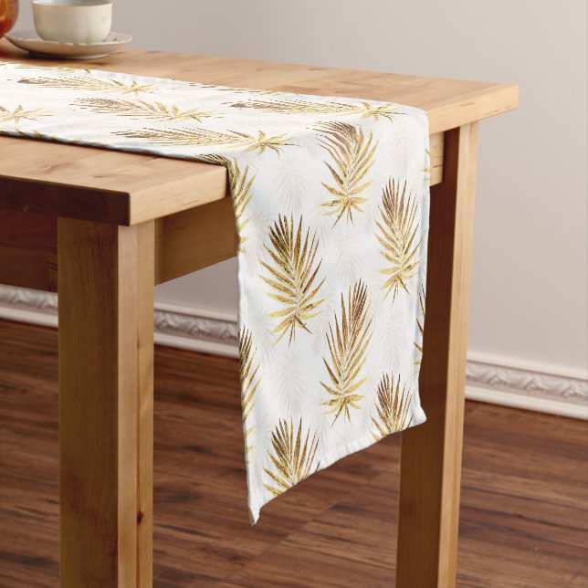 Tropical White Gold Palm Leaves Greenery Short Table Runner (In Situ)