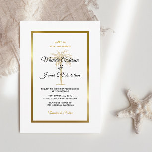 Tropical White Gold Palm Tree Modern Wedding Invitation