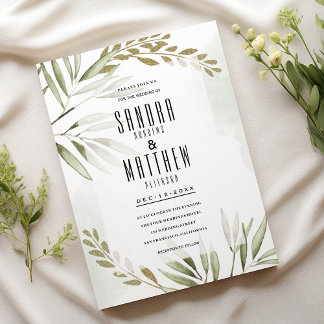 Tropical white green gold glitter leaves Wedding Invitation