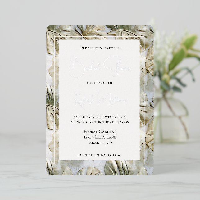 Tropical White Green Gold Leaves Bridal Shower (Standing Front)