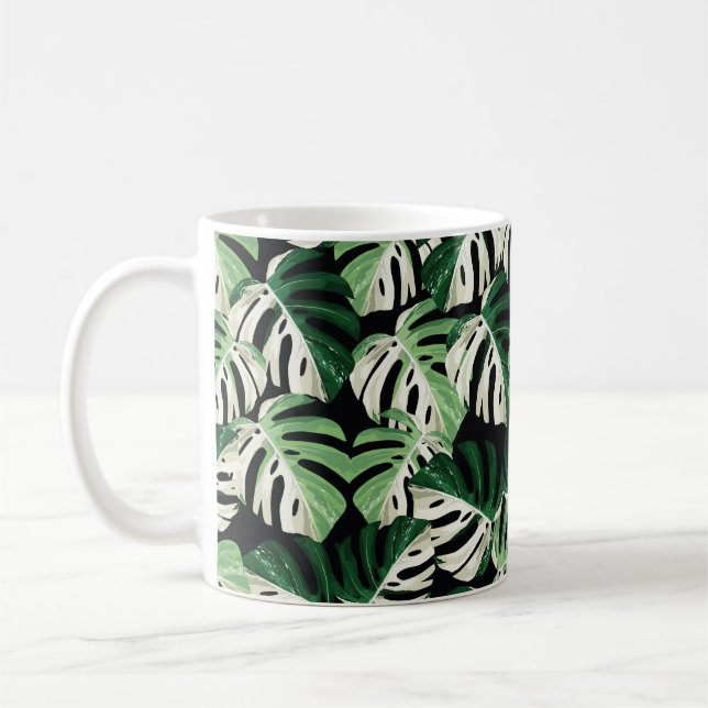 Tropical white green monstera leaf illustration. E Coffee Mug (Left)