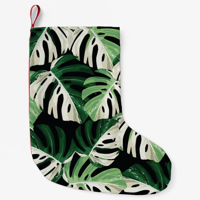 Tropical white green monstera leaf illustration. E Small Christmas Stocking (Front)