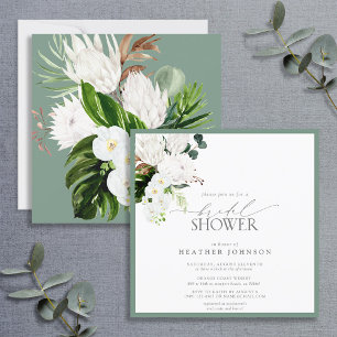 Tropical White & Green Watercolor Bridal Shower Invitation