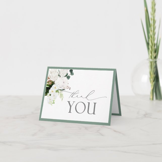 Tropical White & Green Watercolor Thank You Card (Front)
