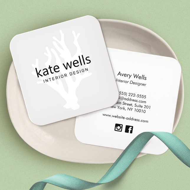 Tropical White Ocean Coral  Logo Interior Designer Square Business Card (Creator Uploaded)