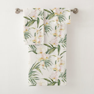 Tropical White Orchid Flowers Bath Towel Set