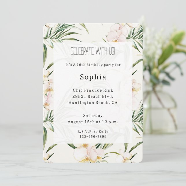 Tropical White Orchid Flowers Birthday Invitation (Standing Front)