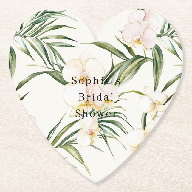 Tropical White Orchid Flowers Bridal Shower Paper Coaster (Front)
