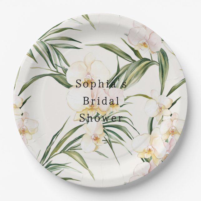 Tropical White Orchid Flowers Bridal Shower Paper Plate (Front)