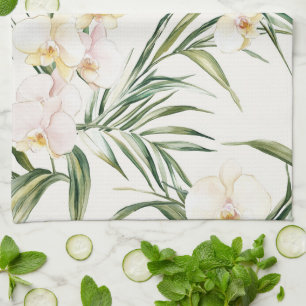 Tropical White Orchid Flowers Bridal Shower Tea Towel