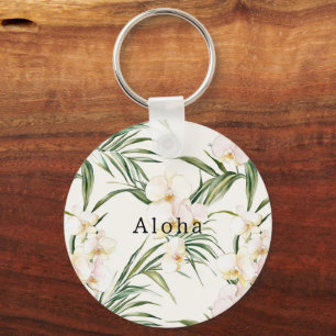 Tropical White Orchid Flowers Key Ring