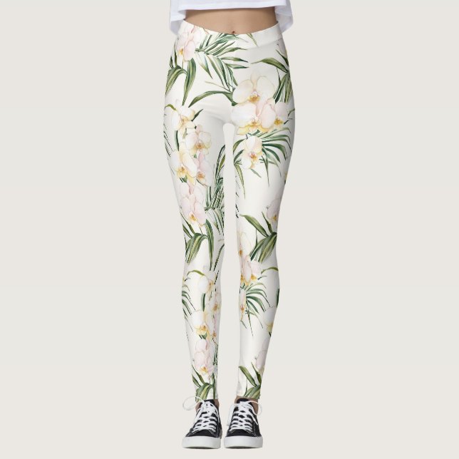 Tropical White Orchid Flowers   Leggings (Front)