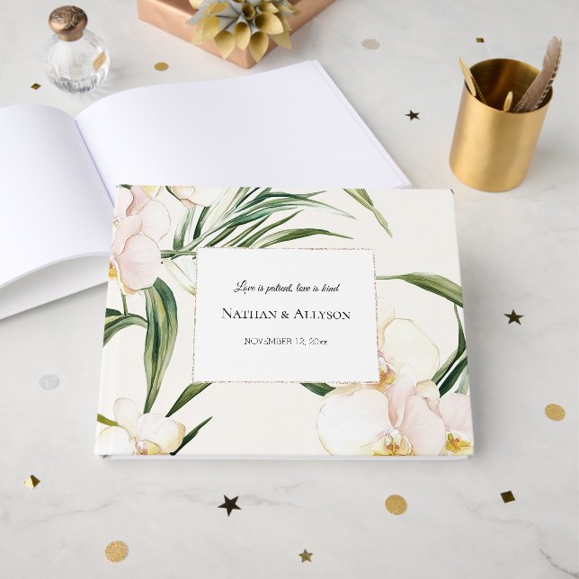 Tropical White Orchid Flowers Wedding Guest Book (Front Open)