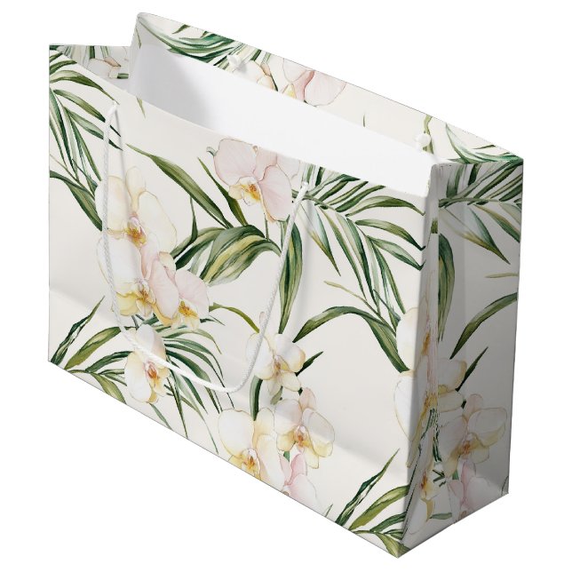 Tropical White Orchid Flowers Wedding Large Gift Bag (Front Angled)